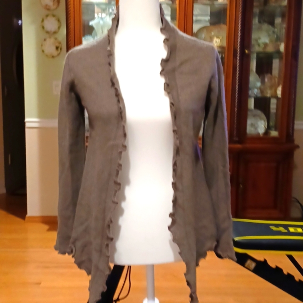 PURE Collection 100% Cashmere Set, TAUPE, lettuce edge tie front, size 10